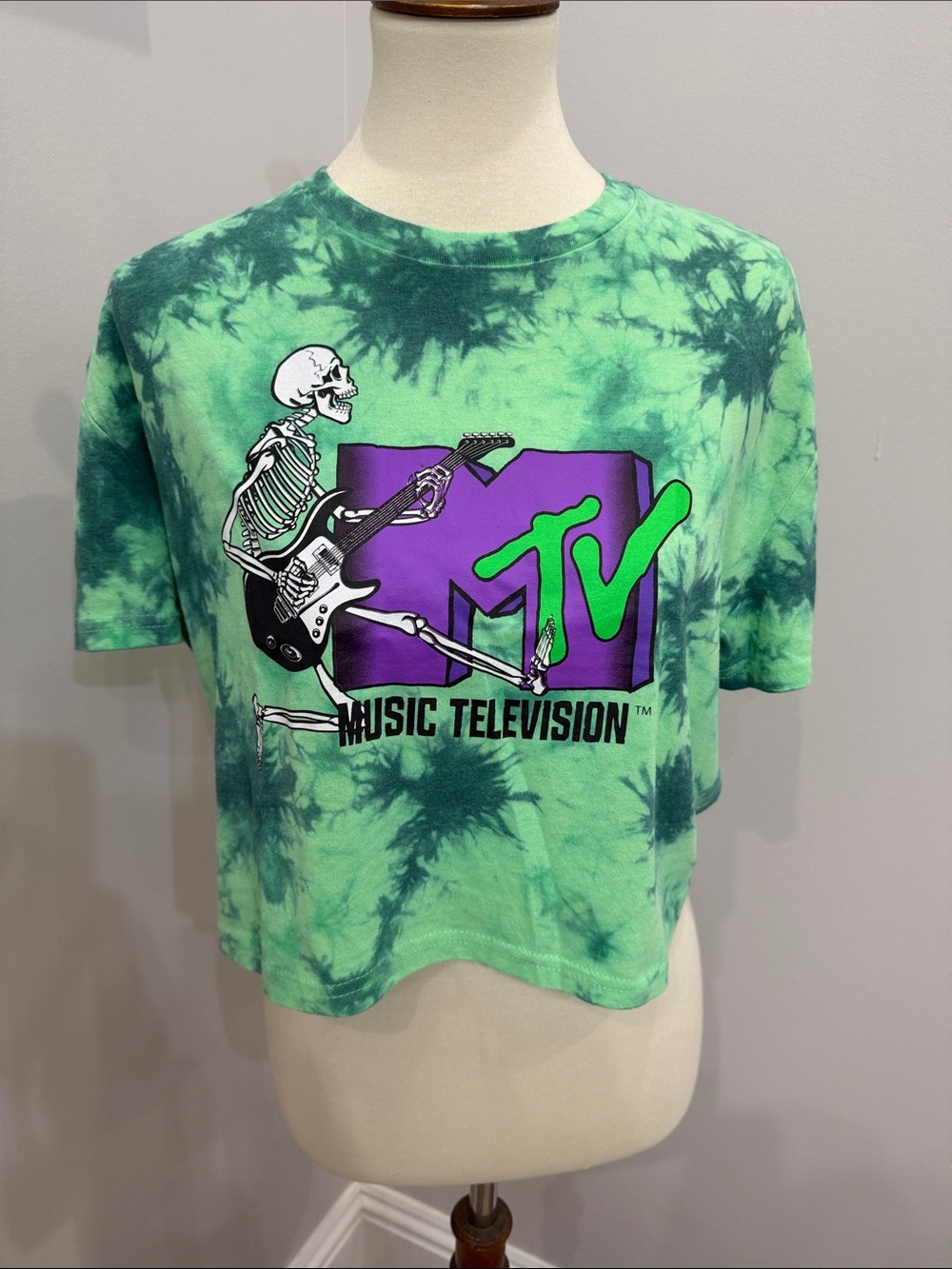 MTV Green Tie-Dye Crop Tee with Purple & Neon Green Logo - Picture 1 of 5